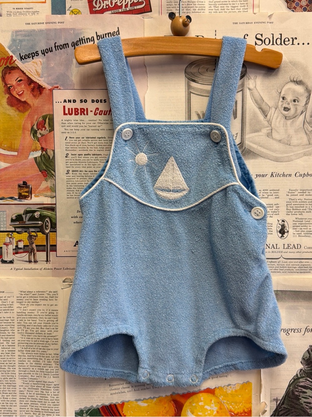 Vintage Little Wizards Baby Blue Terry Cloth Sailboat Overalls Size 24 Months